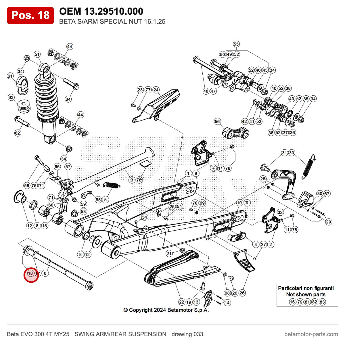 BETA S/ARM SPECIAL NUT 16.1.25 – OEM 13.29510.000, position 18 on the Beta EVO 300 4T MY25 swing arm/rear suspension drawing