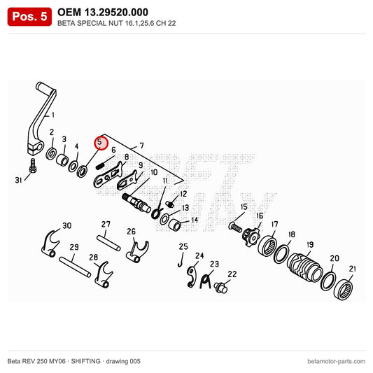 BETA SPECIAL NUT 16.1,25.6 CH 22 – OEM 13.29520.000, position 5 on the Beta REV 250 MY06 shifting drawing