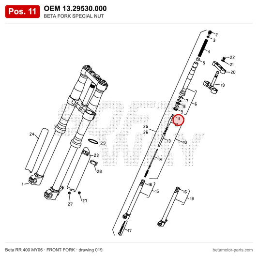 BETA FORK SPECIAL NUT – OEM 13.29530.000, position 11 on the Beta RR 400 MY06 front fork drawing