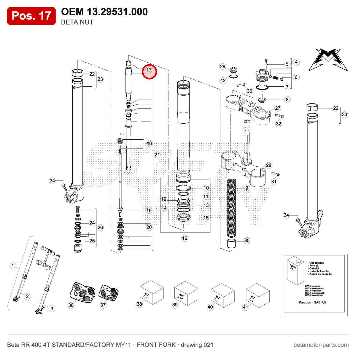 BETA NUT – OEM 13.29531.000, position 17 on the Beta RR 400 4T STANDARD/FACTORY MY11 front fork drawing