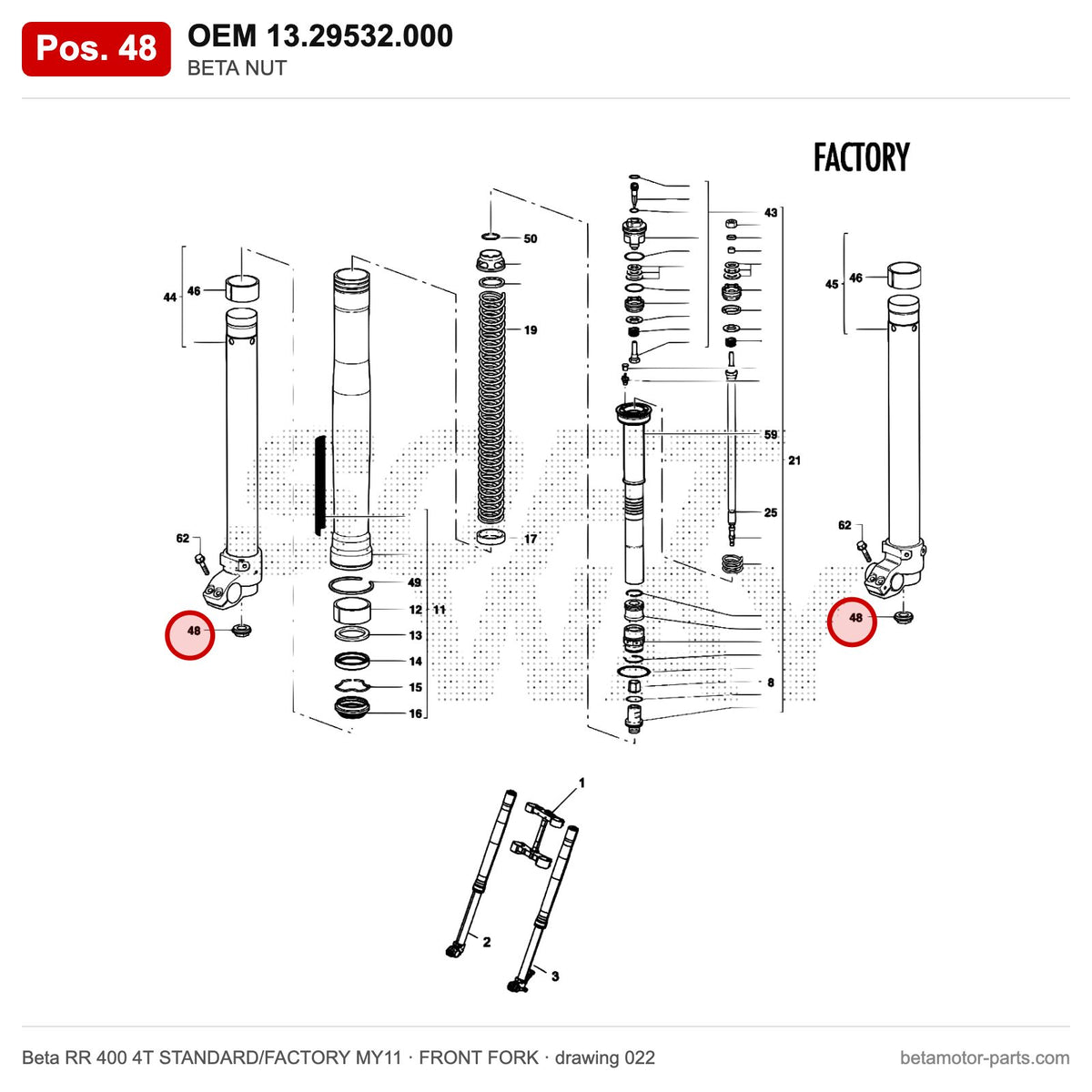 BETA NUT – OEM 13.29532.000, position 48 on the Beta RR 400 4T STANDARD/FACTORY MY11 front fork drawing