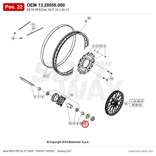 BETA SPECIAL NUT 15.1,25.10 – OEM 13.29550.000, position 22 on the Beta RED RR 50 2T 2026 front wheel drawing