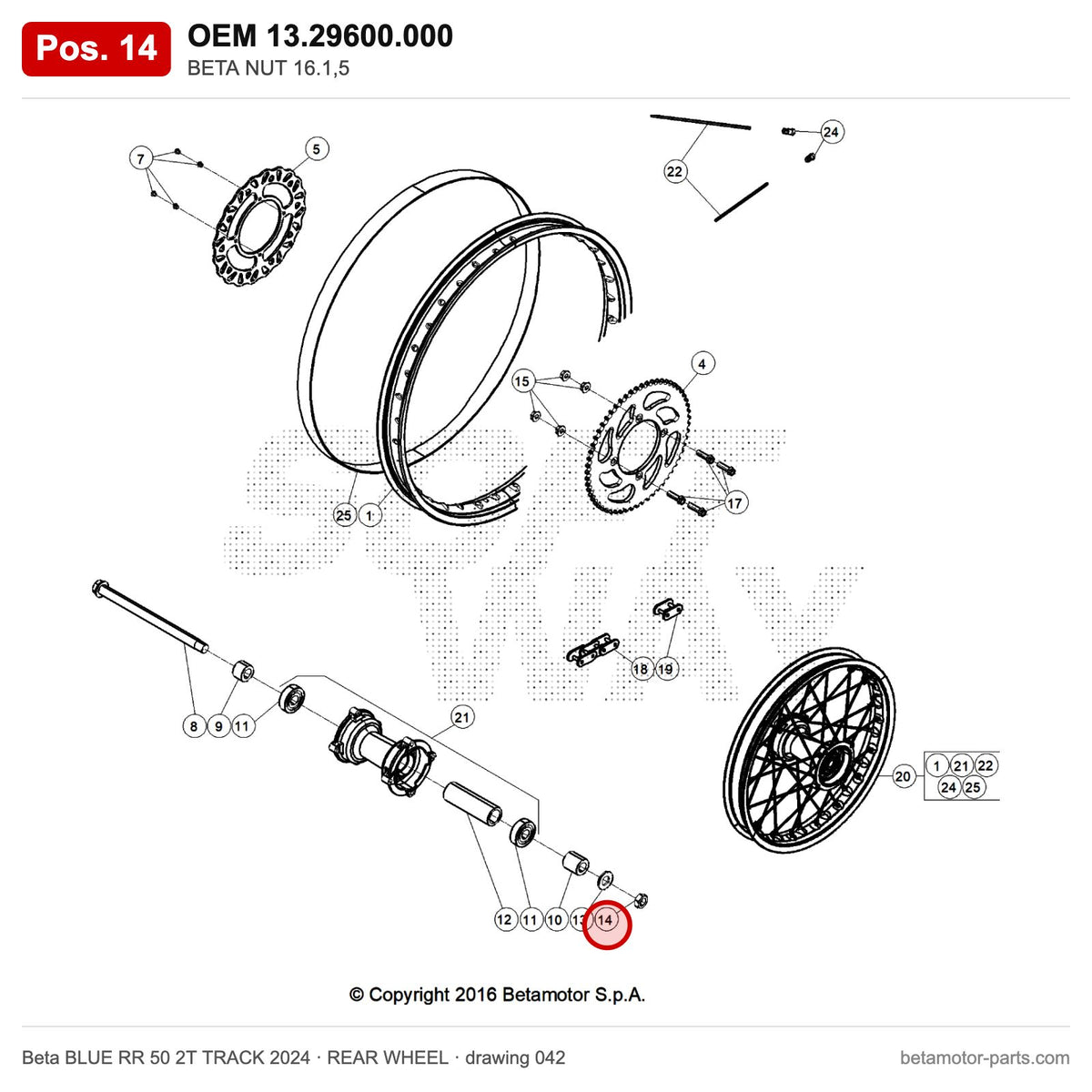 BETA NUT 16.1,5 – OEM 13.29600.000, position 14 on the Beta BLUE RR 50 2T TRACK 2024 rear wheel drawing