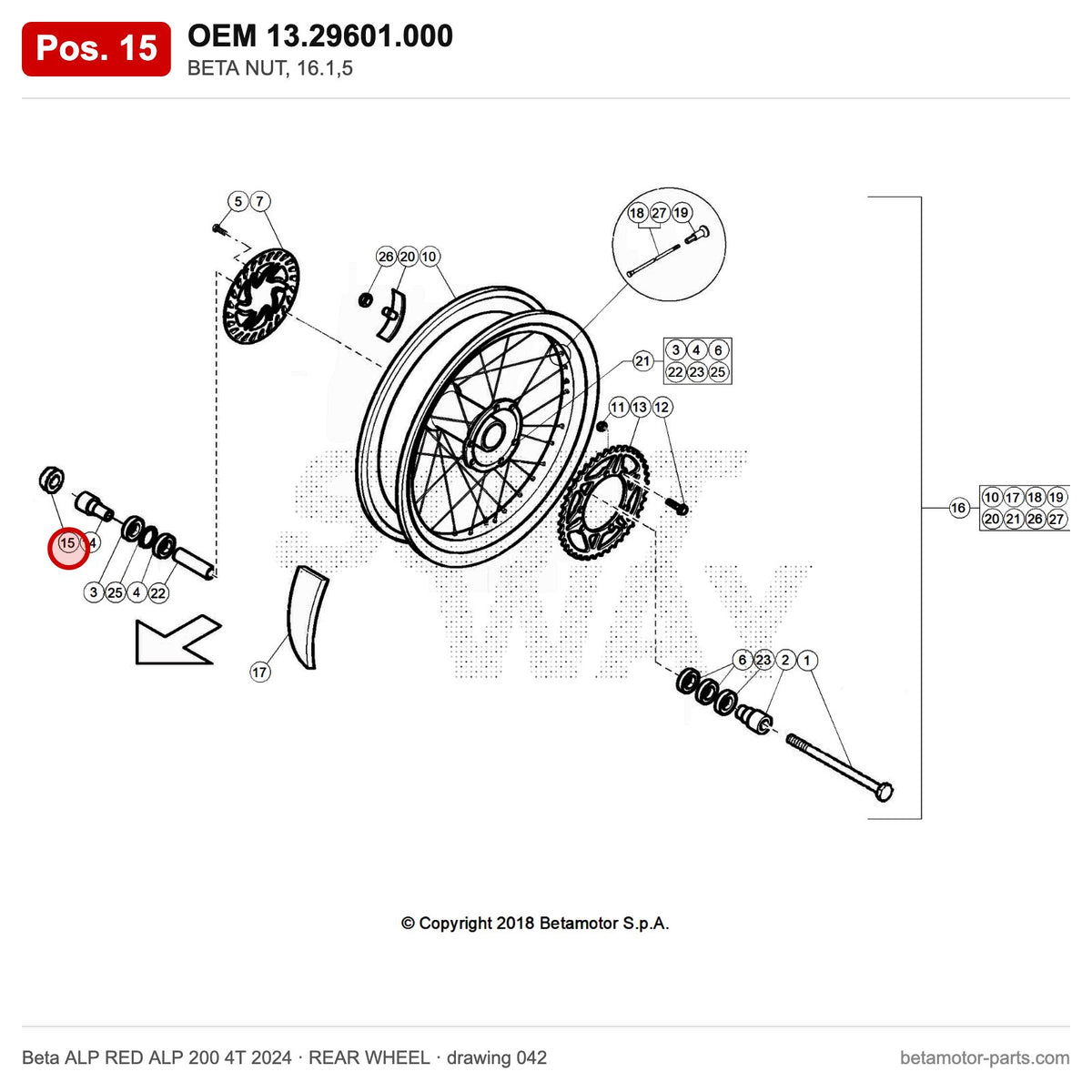 BETA NUT, 16.1,5 – OEM 13.29601.000, position 15 on the Beta ALP RED ALP 200 4T 2024 rear wheel drawing