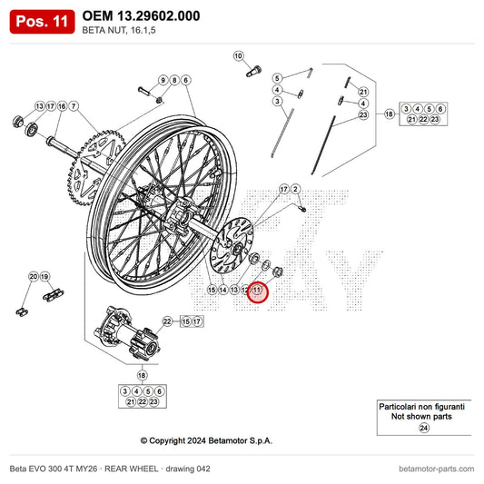 BETA NUT, 16.1,5 – OEM 13.29602.000, position 11 on the Beta EVO 300 4T MY26 rear wheel drawing