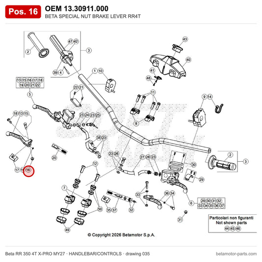 BETA SPECIAL NUT BRAKE LEVER RR4T – OEM 13.30911.000, position 16 on the Beta RR 350 4T X-PRO MY27 handlebar/controls drawing