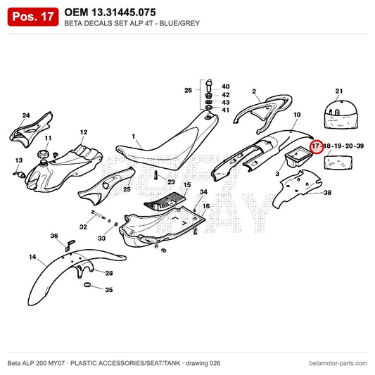 BETA DECALS SET ALP 4T - BLUE/GREY – OEM 13.31445.075, position 17 on the Beta ALP 200 MY07 plastic accessories/seat/tank drawing