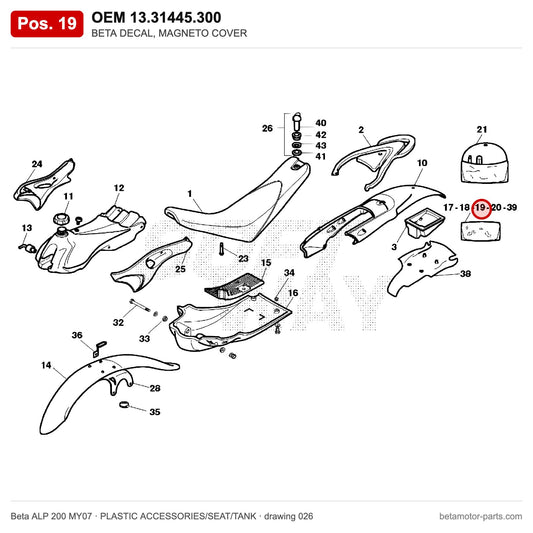 BETA DECAL, MAGNETO COVER – OEM 13.31445.300, position 19 on the Beta ALP 200 MY07 plastic accessories/seat/tank drawing