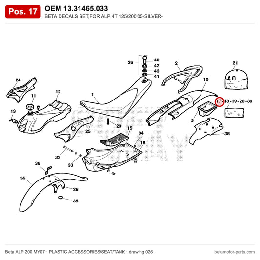 BETA DECALS SET,FOR ALP 4T 125/200'05-SILVER- – OEM 13.31465.033, position 17 on the Beta ALP 200 MY07 plastic accessories/seat/tank drawing