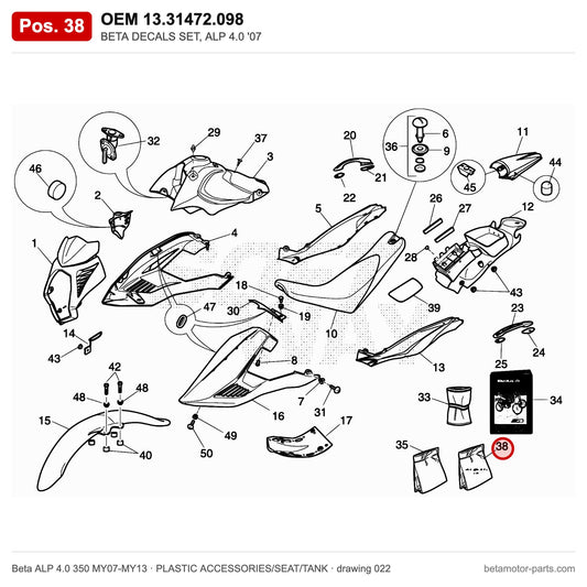 BETA DECALS SET, ALP 4.0 '07 – OEM 13.31472.098, position 38 on the Beta ALP 4.0 350 MY07-MY13 plastic accessories/seat/tank drawing