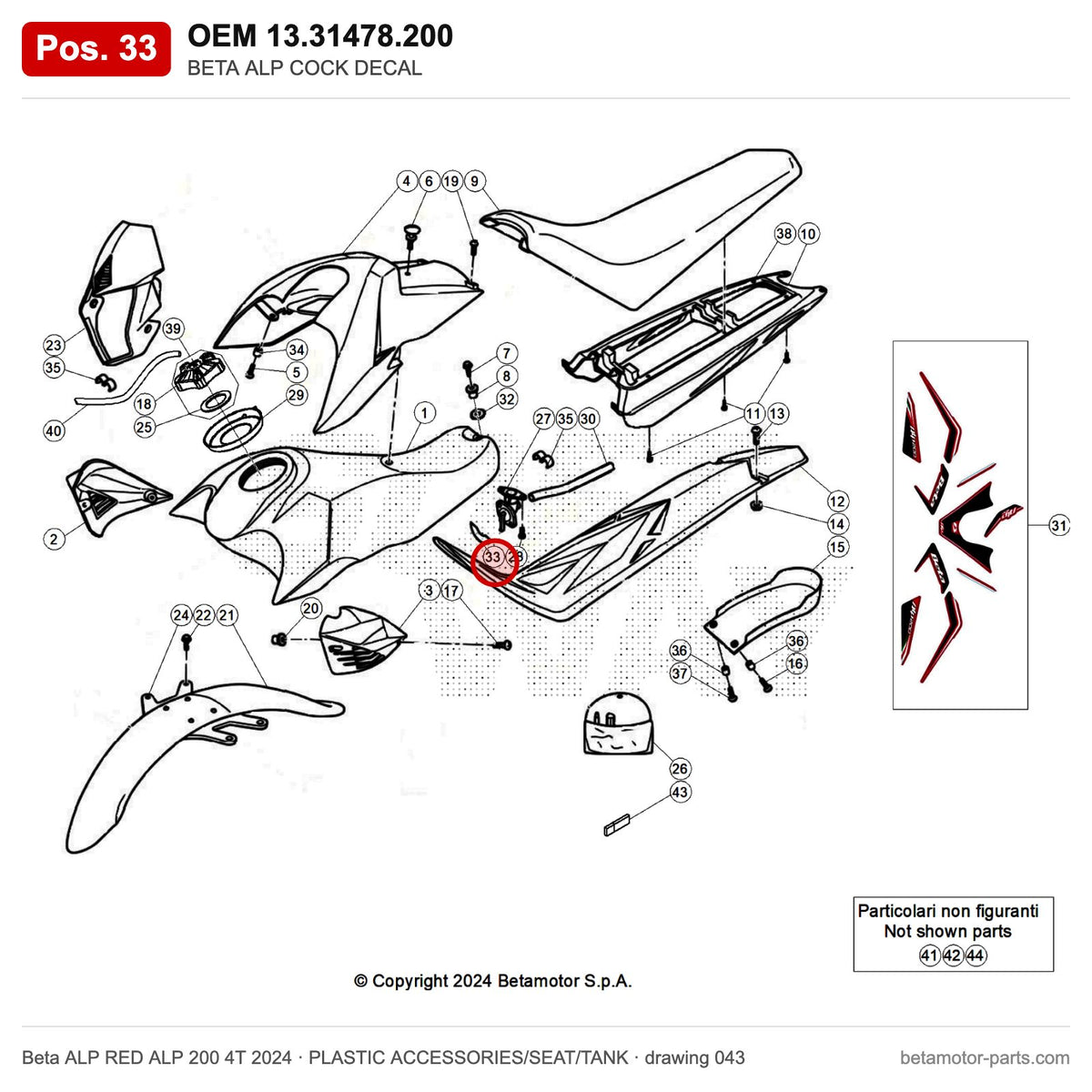 BETA ALP COCK DECAL – OEM 13.31478.200, position 33 on the Beta ALP RED ALP 200 4T 2024 plastic accessories/seat/tank drawing