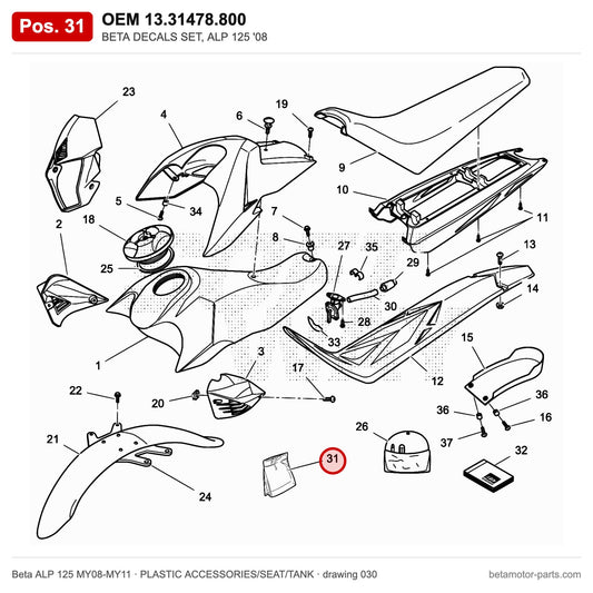 BETA DECALS SET, ALP 125 '08 – OEM 13.31478.800, shown on the Beta ALP 125 MY08-MY11 plastic accessories/seat/tank drawing