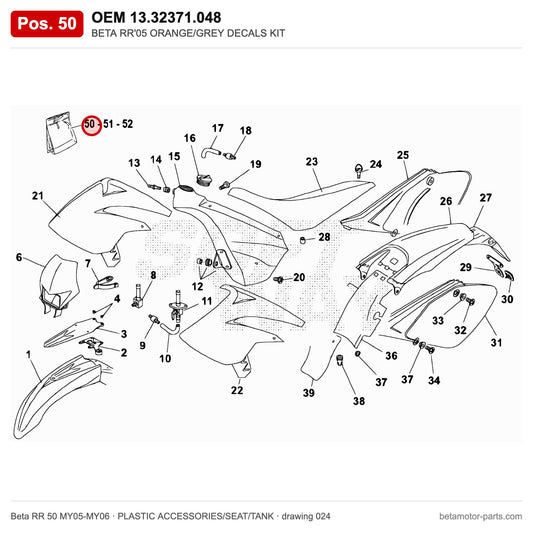 BETA RR'05 ORANGE/GREY DECALS KIT – OEM 13.32371.048, position 50 on the Beta RR 50 MY05-MY06 plastic accessories/seat/tank drawing