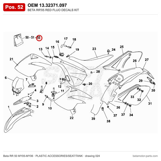 BETA RR'05 RED FLUO DECALS KIT – OEM 13.32371.097, position 52 on the Beta RR 50 MY05-MY06 plastic accessories/seat/tank drawing