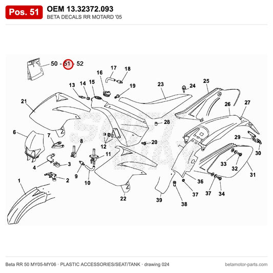 BETA DECALS RR MOTARD '05 – OEM 13.32372.093, position 51 on the Beta RR 50 MY05-MY06 plastic accessories/seat/tank drawing