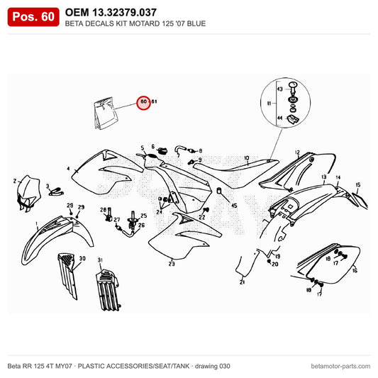 BETA DECALS KIT MOTARD 125 '07 BLUE – OEM 13.32379.037, position 60 on the Beta RR 125 4T MY07 plastic accessories/seat/tank drawing