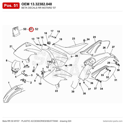 BETA DECALS RR MOTARD '07 – OEM 13.32382.048, position 51 on the Beta RR 50 MY07 plastic accessories/seat/tank drawing