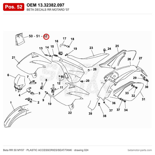 BETA DECALS RR MOTARD '07 – OEM 13.32382.097, position 52 on the Beta RR 50 MY07 plastic accessories/seat/tank drawing