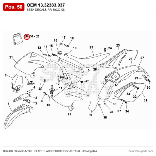 BETA DECALS RR 50CC '08 – OEM 13.32383.037, position 50 on the Beta RR 50 MY08-MY09 plastic accessories/seat/tank drawing