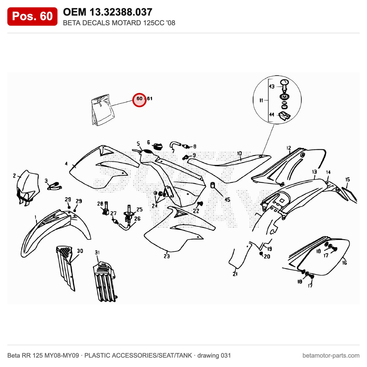BETA DECALS MOTARD 125CC '08 – OEM 13.32388.037, position 60 on the Beta RR 125 MY08-MY09 plastic accessories/seat/tank drawing
