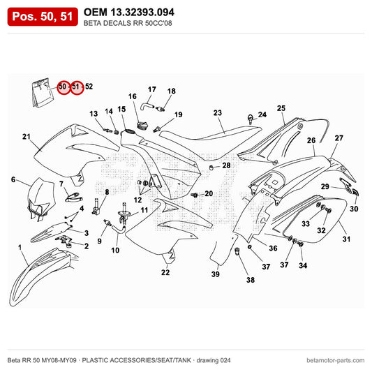 BETA DECALS RR 50CC'08 – OEM 13.32393.094, positions 50,51 on the Beta RR 50 MY08-MY09 plastic accessories/seat/tank drawing