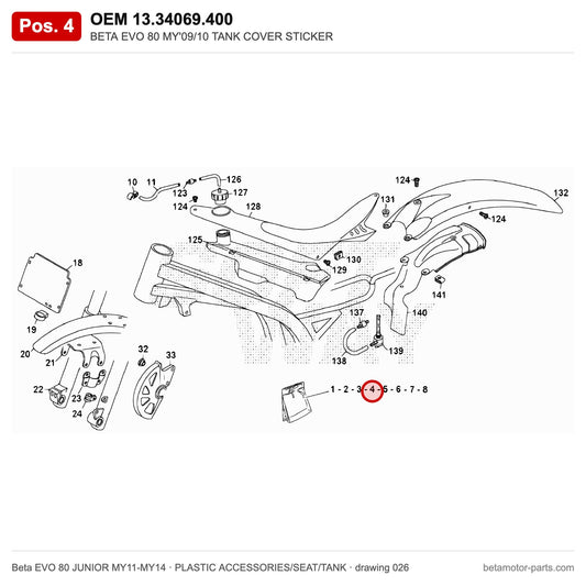 BETA EVO 80 MY'09/10 TANK COVER STICKER – OEM 13.34069.400, position 4 on the Beta EVO 80 JUNIOR MY11-MY14 plastic accessories/seat/tank drawing