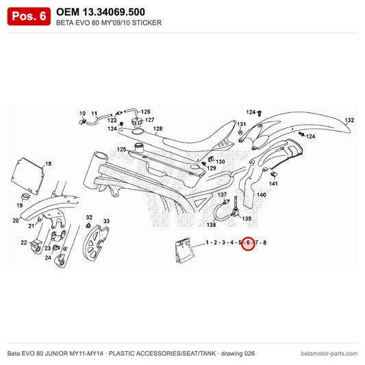 BETA EVO 80 MY'09/10 STICKER – OEM 13.34069.500, position 6 on the Beta EVO 80 JUNIOR MY11-MY14 plastic accessories/seat/tank drawing