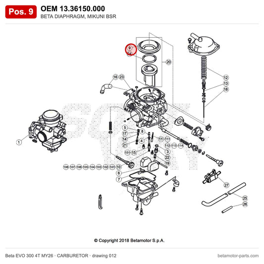 BETA DIAPHRAGM, MIKUNI BSR – OEM 13.36150.000, position 9 on the Beta EVO 300 4T MY26 carburetor drawing