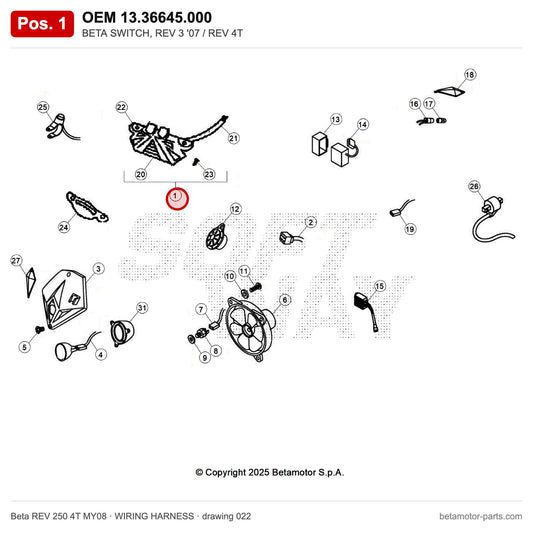 BETA SWITCH, REV 3 '07 / REV 4T – OEM 13.36645.000, position 1 on the Beta REV 250 4T MY08 wiring harness drawing