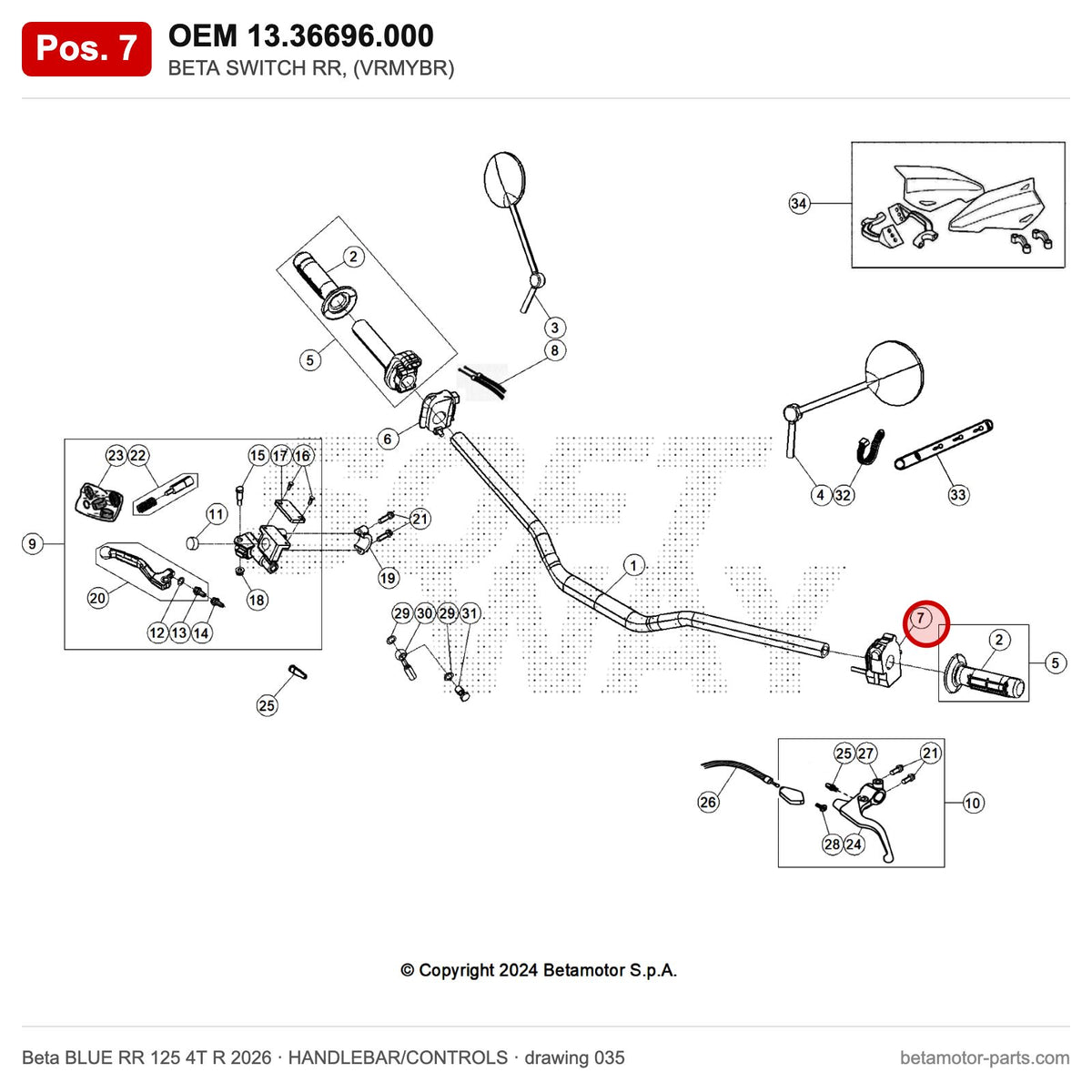 BETA SWITCH RR, (VRMYBR) – OEM 13.36696.000, position 7 on the Beta BLUE RR 125 4T R 2026 handlebar/controls drawing