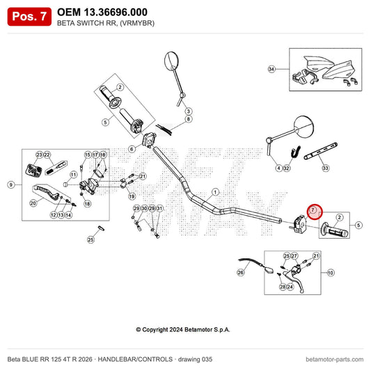 BETA SWITCH RR, (VRMYBR) – OEM 13.36696.000, position 7 on the Beta BLUE RR 125 4T R 2026 handlebar/controls drawing