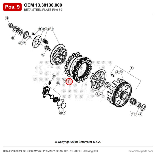BETA STEEL PLATE RK6-50 – OEM 13.38130.000, position 9 on the Beta EVO 80 2T SENIOR MY26 primary gear cpl./clutch drawing