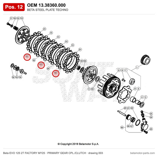 BETA STEEL PLATE TECHNO – OEM 13.38360.000, position 12 on the Beta EVO 125 2T FACTORY MY25 primary gear cpl./clutch drawing