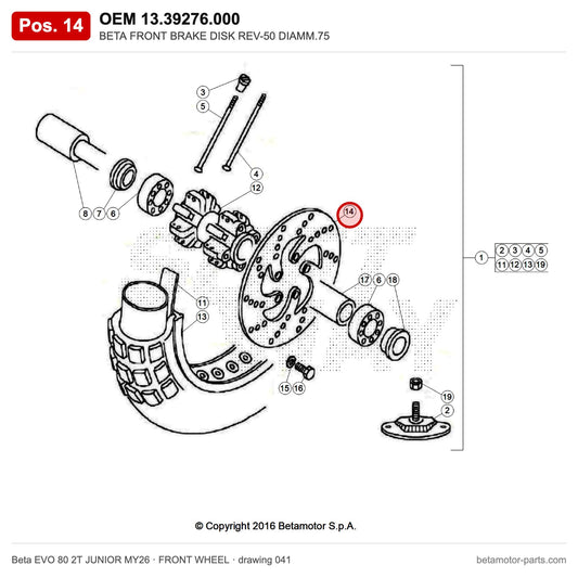 BETA REAR BRAKE DISK REV-50 DIAMM.175 – OEM 13.39276.000, position 14 on the Beta EVO 80 2T JUNIOR MY26 front wheel drawing