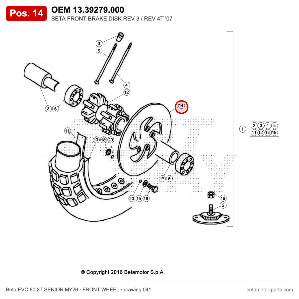 BETA FRONT BRAKE DISK REV 3 / REV 4T '07 – OEM 13.39279.000, position 14 on the Beta EVO 80 2T SENIOR MY26 front wheel drawing