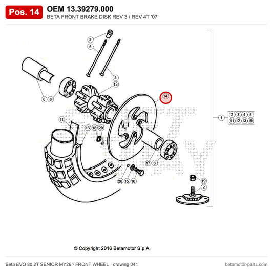 BETA FRONT BRAKE DISK REV 3 / REV 4T '07 – OEM 13.39279.000, position 14 on the Beta EVO 80 2T SENIOR MY26 front wheel drawing