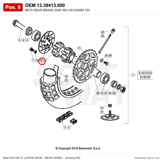 BETA REAR BRAKE DISK REV-50 DIAMM 150 – OEM 13.39413.000, position 8 on the Beta EVO 80 2T JUNIOR MY26 rear wheel drawing