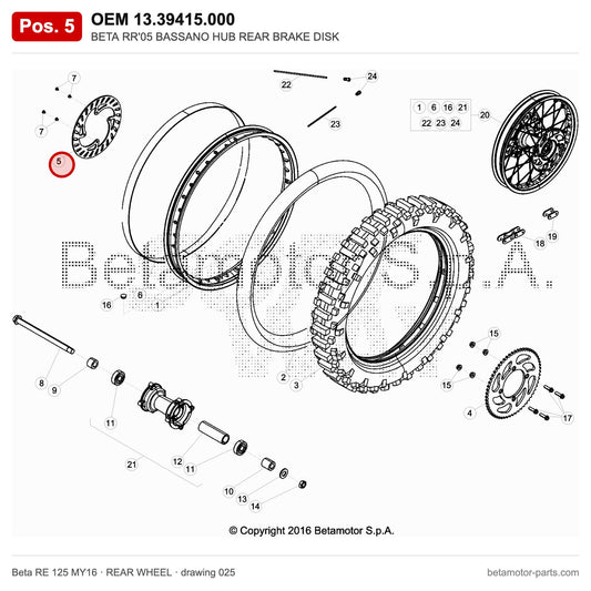 BETA RR'05 BASSANO HUB REAR BRAKE DISK – OEM 13.39415.000, position 5 on the Beta RE 125 MY16 rear wheel drawing