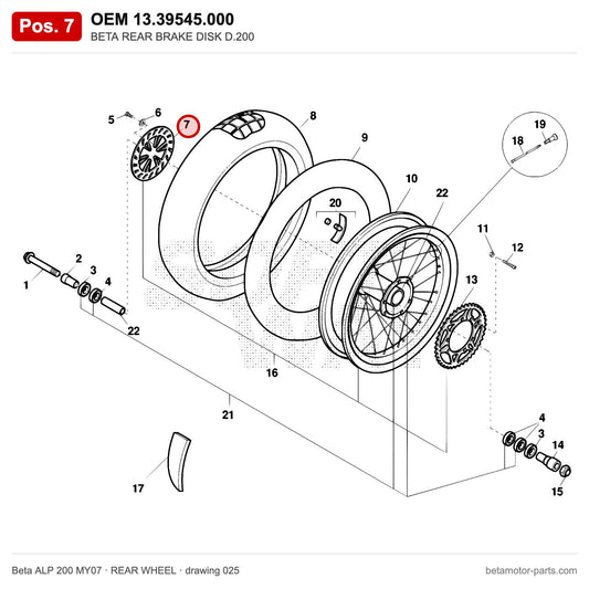 BETA REAR BRAKE DISK D.200 – OEM 13.39545.000, position 7 on the Beta ALP 200 MY07 rear wheel drawing