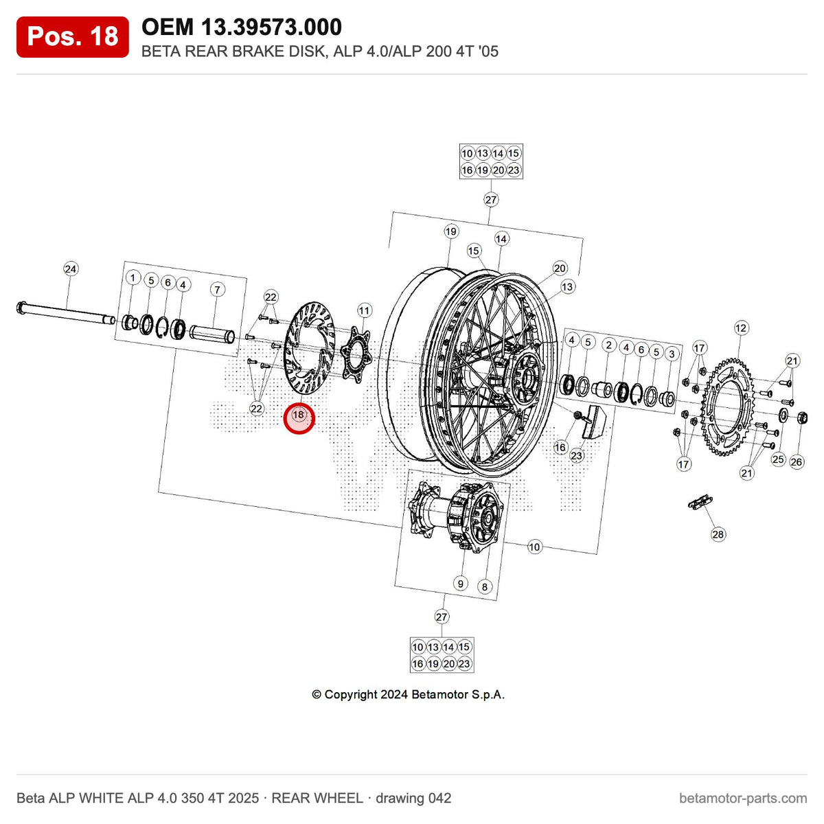 BETA REAR BRAKE DISK, ALP 4.0/ALP 200 4T '05 – OEM 13.39573.000, position 18 on the Beta ALP WHITE ALP 4.0 350 4T 2025 rear wheel drawing