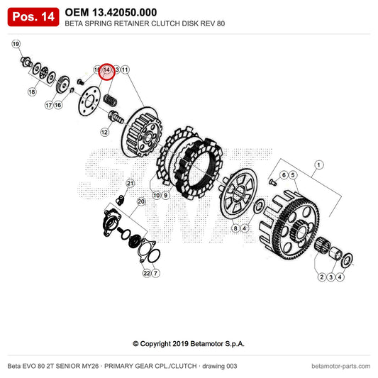 BETA SPRING RETAINER CLUTCH DISK REV 80 – OEM 13.42050.000, position 14 on the Beta EVO 80 2T SENIOR MY26 primary gear cpl./clutch drawing