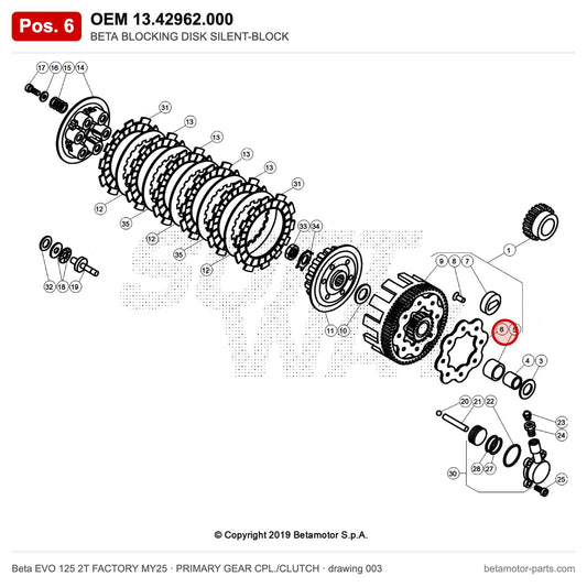 BETA BLOCKING DISK SILENT-BLOCK – OEM 13.42962.000, position 6 on the Beta EVO 125 2T FACTORY MY25 primary gear cpl./clutch drawing