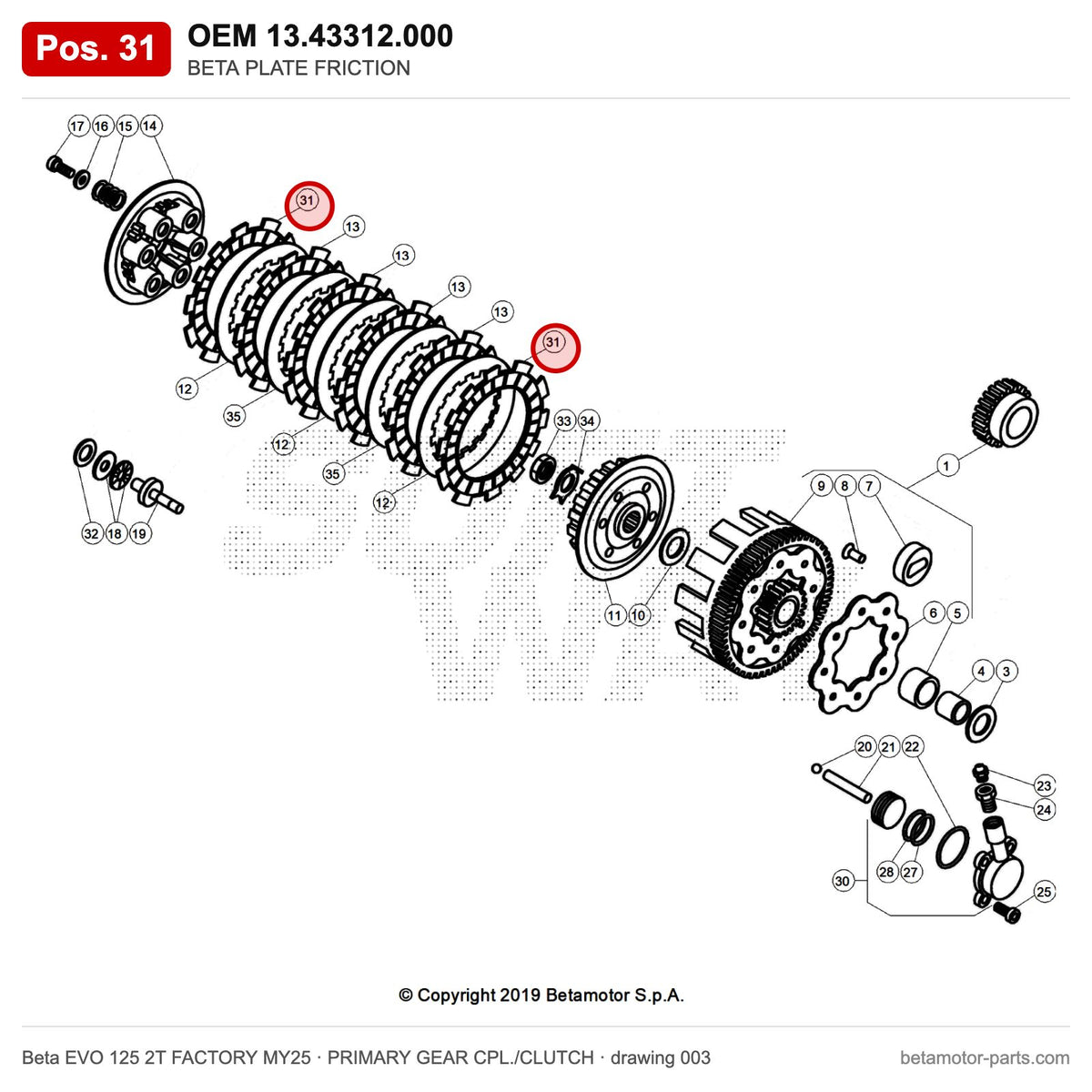 BETA PLATE FRICTION – OEM 13.43312.000, position 31 on the Beta EVO 125 2T FACTORY MY25 primary gear cpl./clutch drawing