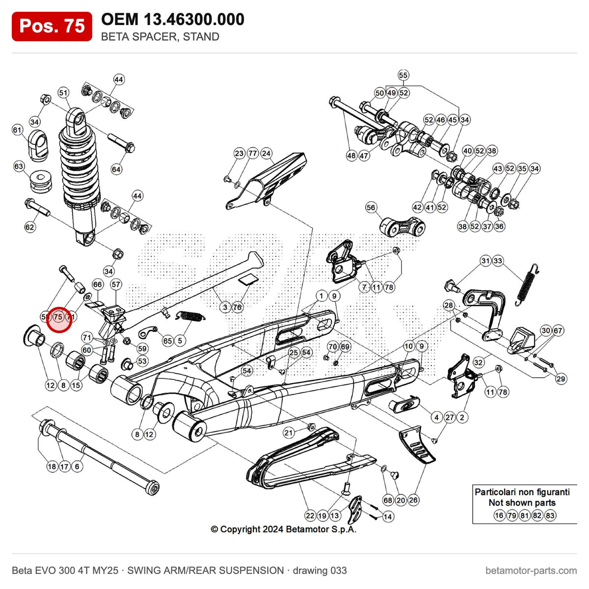 BETA SPACER, STAND – OEM 13.46300.000, position 75 on the Beta EVO 300 4T MY25 swing arm/rear suspension drawing
