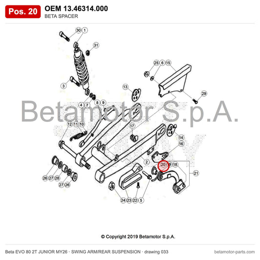 BETA SPACER – OEM 13.46314.000, position 20 on the Beta EVO 80 2T JUNIOR MY26 swing arm/rear suspension drawing