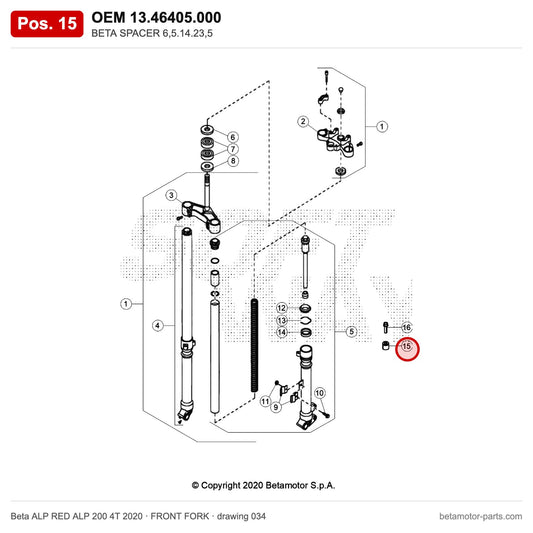 BETA SPACER 6,5.14.23,5 – OEM 13.46405.000, position 15 on the Beta ALP RED ALP 200 4T 2020 front fork drawing