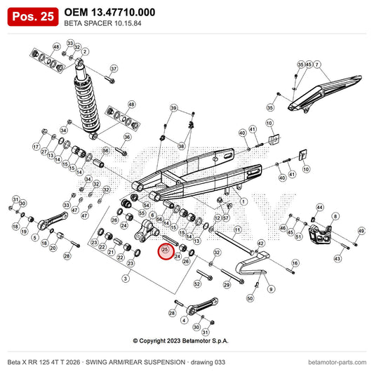 BETA SPACER 10.15.84 – OEM 13.47710.000, position 25 on the Beta X RR 125 4T T 2026 swing arm/rear suspension drawing
