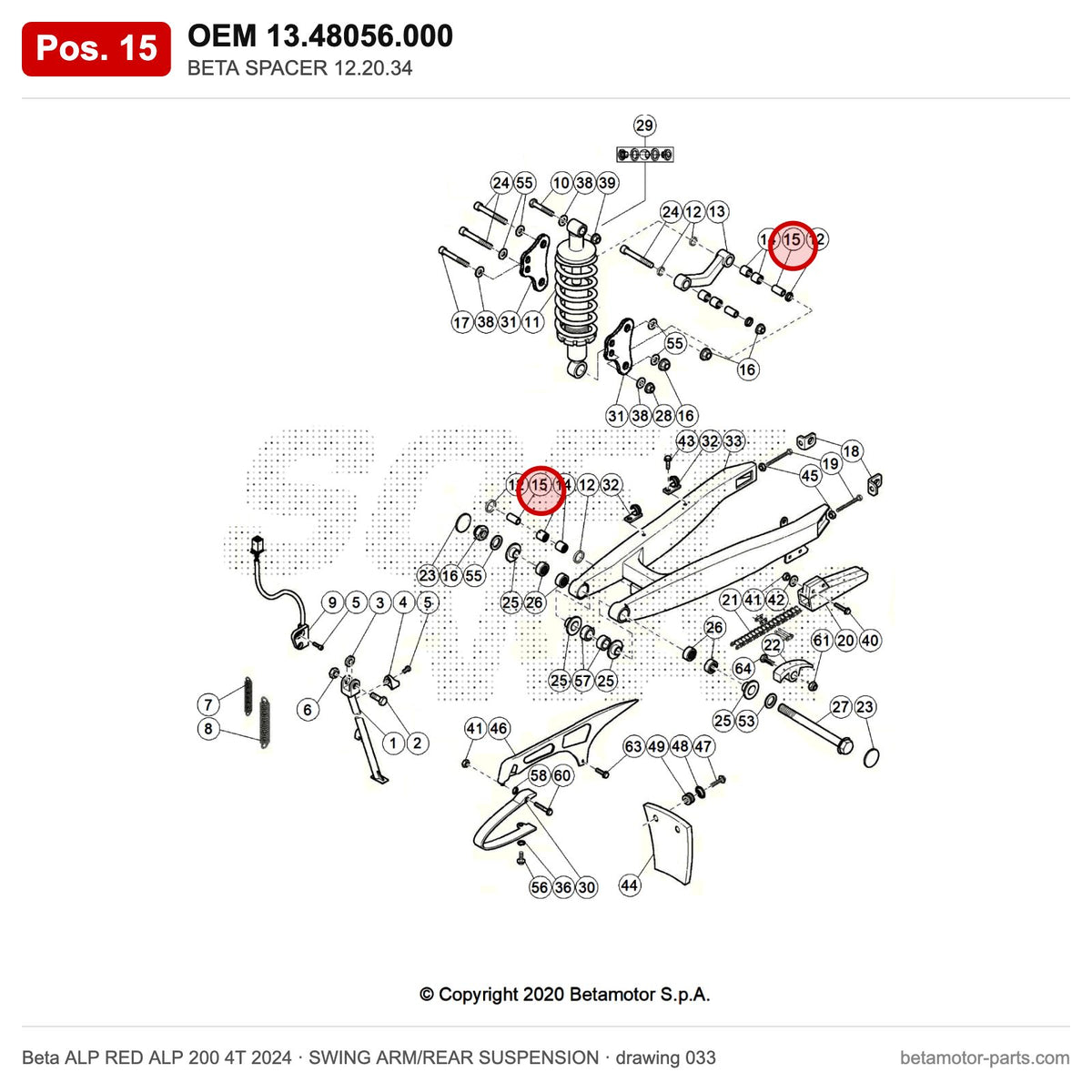 BETA SPACER 12.20.34 – OEM 13.48056.000, position 15 on the Beta ALP RED ALP 200 4T 2024 swing arm/rear suspension drawing