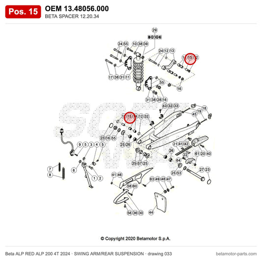 BETA SPACER 12.20.34 – OEM 13.48056.000, position 15 on the Beta ALP RED ALP 200 4T 2024 swing arm/rear suspension drawing