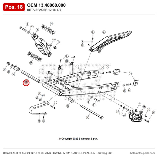BETA SPACER 12.18.177 – OEM 13.48068.000, position 18 on the Beta BLACK RR 50 2T SPORT LS 2026 swing arm/rear suspension drawing